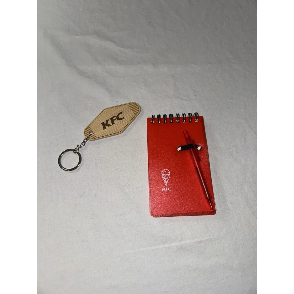 KFC Food Advertising Lot Red Pocket Notebook W/ Mini Pen & Wooden Keychain